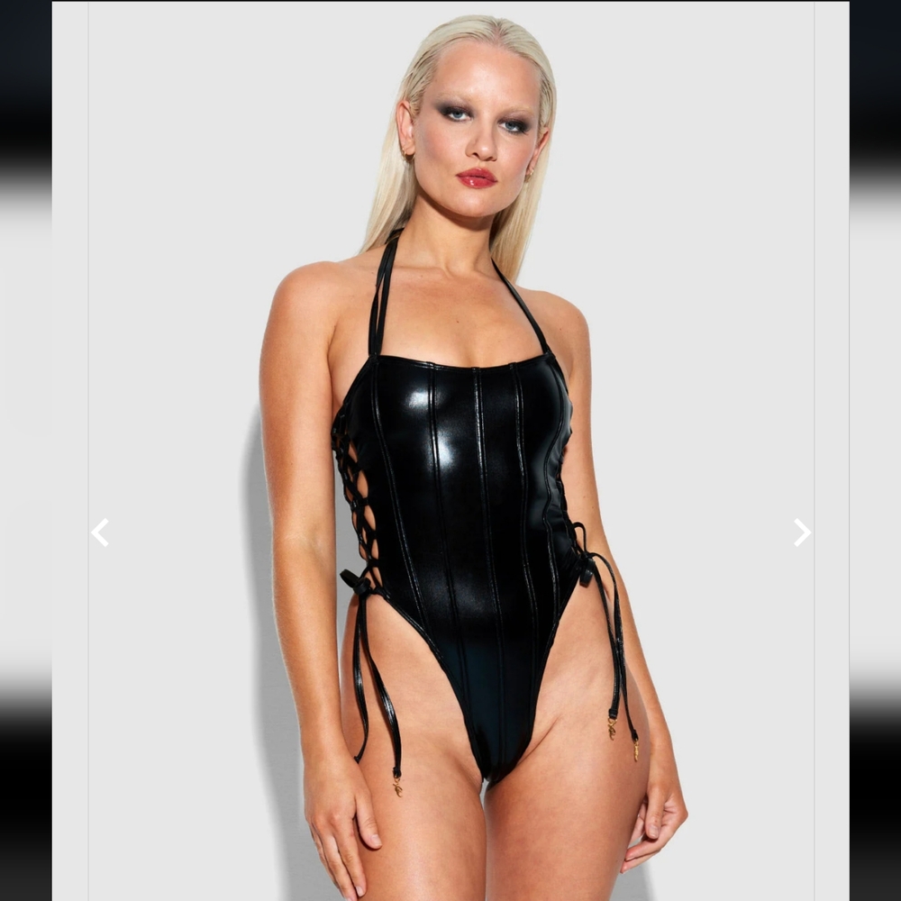 Fredericks of Hollywood Onyx Corset Swim One Piece lingerie faux leather NWOT